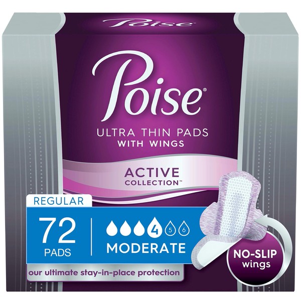 Poise Ultra Thin Incontinence Pads with Wings, Active Collection, Moderate Absorbency, 18 Count (Pack of 4)