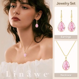 Linawe Pink Jewellery Sets for Women Wedding, Crystal Pendant Necklace Set Pink Earrings Dangling Imitation Diamond Rhinestone Cubic Zirconia Birthstone Dangle Gold Matching