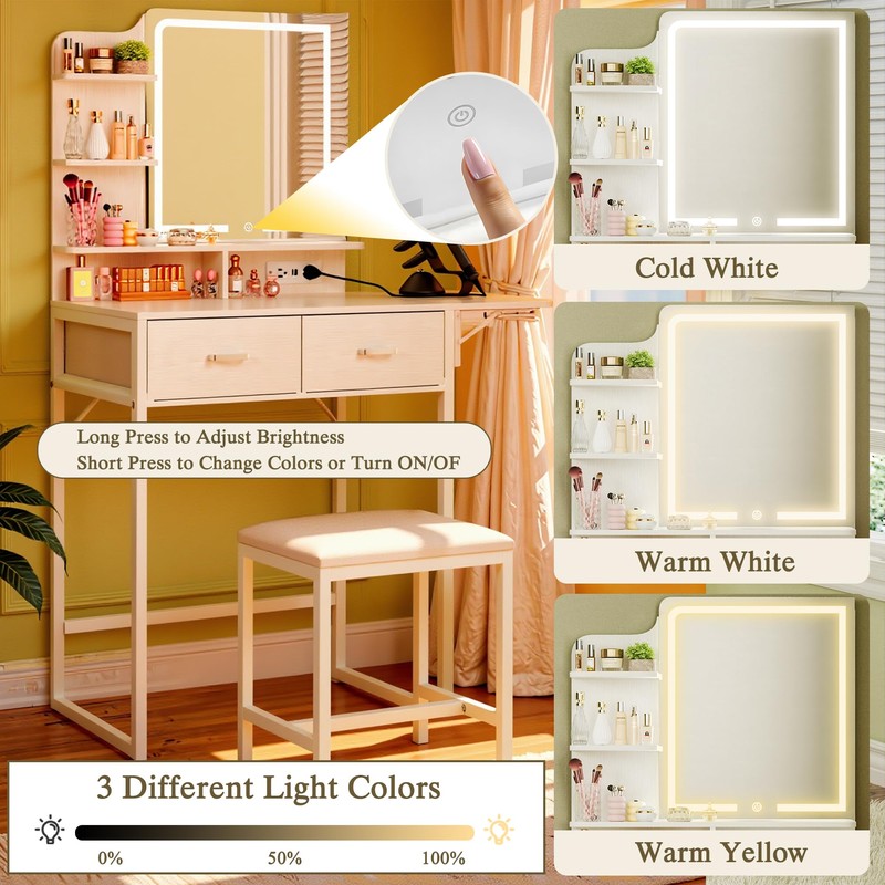 LIMGLIM Small Vanity Desk with Mirror and Lights, Makeup Vanity