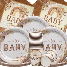 Doyomtoy Boho Baby Shower Party Tableware, 60 Pieces Baby Shower Paper Tableware Set - Paper Plates Paper Towels Paper Cups for Baby Shower Party Decoration, Boy Girl Party Accessory Set (20 Guests)