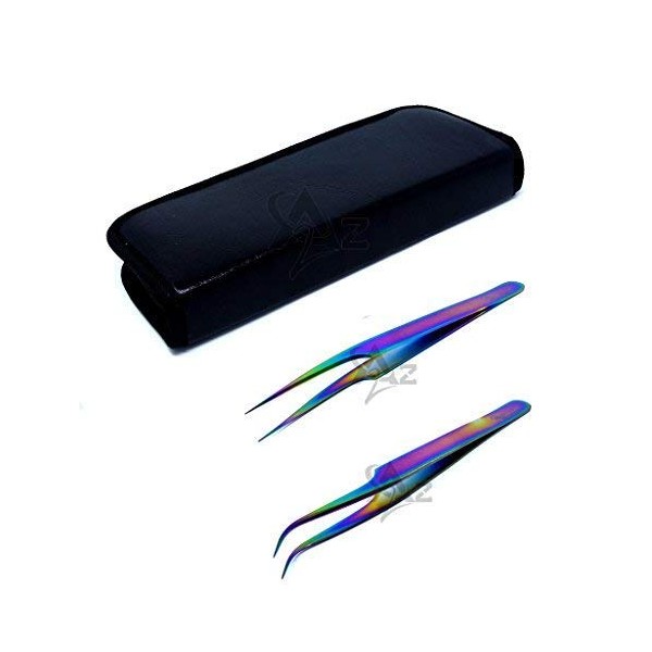 SET OF 2 Stainless Steel Multi Titanium Rainbow Color 3D Eyelash Extension Tweezers Pro Straight + Strong Curved Fine Point (A2Z)