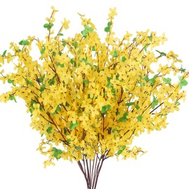 AILANDA 16PCS Artificial Flowers Forsythia Branches Yellow Silk Fake Winter Jasmine, Long Stem Faux Forsythia Stems Flowers Floral Arrangement for Home Wedding Vase Party Cemetery Decor Indoor Outdoor