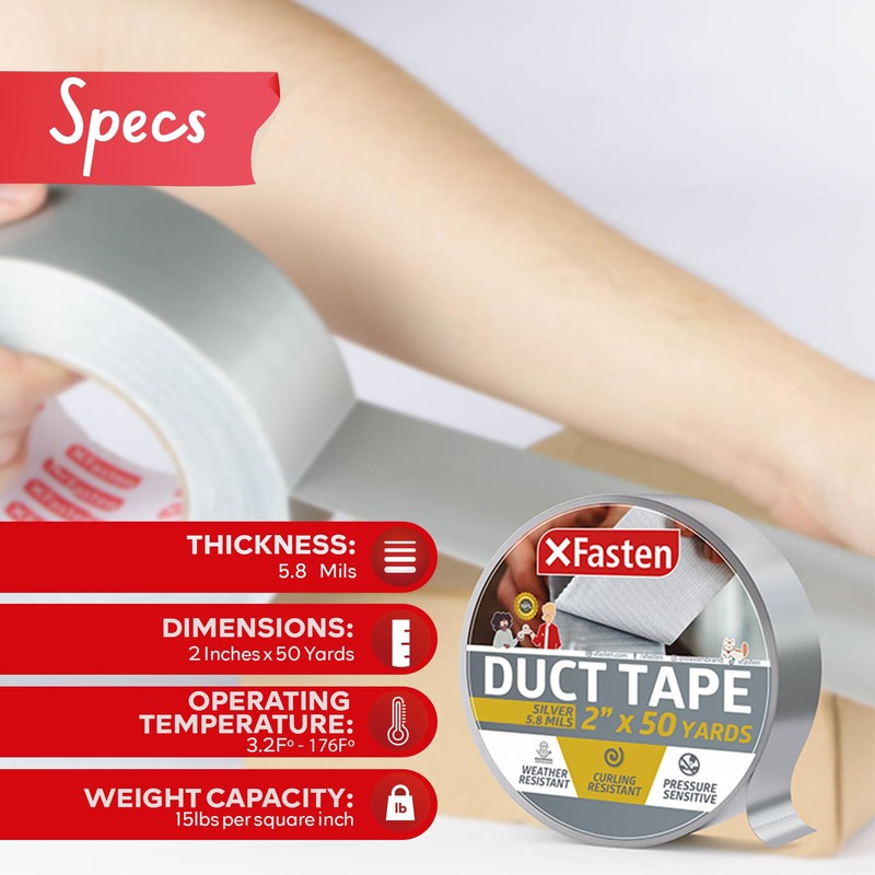 XFasten Duct Tape Silver, 5.8mils, 2 Inches x 50 Yards