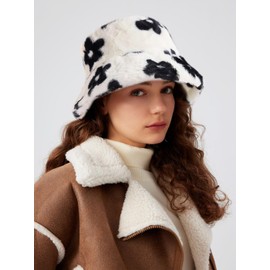 Winter Faux Fur Furry Small Flower Black Bucket Hat Fluffy Fuzzy Warm Hat Plush Fisherman Hat for Women Teens Girls