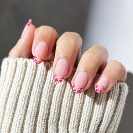 24Pcs Valentines Press on Nails Short Almond Glossy Pink French False Nails Red Polk Dots Stick on Nails Rose Red Love Heart Acrylic Fake Nail Romantic Gift Gel Glue on Nails for Coquette Women Girls