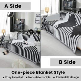 Nestiva Boho Couch Covers for Sectional Sofa, Washable Chenille Sofa Cover for Pet, Modern Black and White Geometric Jacquard Pattern Sofa Slipcover, Anti Slip Reversible Loveseat Cover, 71''x118''