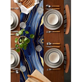 Marble Table Runner 60 Inches Long Cotton Linen Kitchen Dinner Table Runners, Modern Navy Blue Abstract Gold Burlap Tablerunner for Dresser/Dining/Party/Wedding 13x60