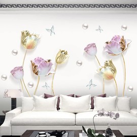 Runtoo Large 3D Flower Wall Stickers Gold Tulip Floral Wall Art Decals for Living Room Bedroom TV Background Wall Decor