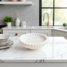 12" Large Decorative Bowl decor , Scalloped Pedestal Bowls for Modern Home Decor,Ruffle Decor,Stylish Key Bowl for Entry Table,Decorative Fruit Bowl for Kitchen Counter,Artificial Stone Milky white