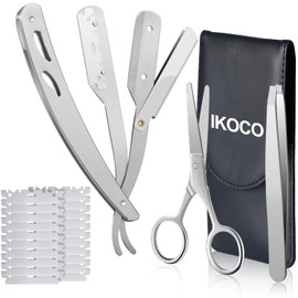 Straight Edge Razors for Men, IKOCO Straight Razor Shaving Kit with Silver Manual Barber Razors for Salon, 20PCS Razor Blades, Premium Leather Case, Scissors, Tweezers