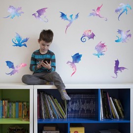 SUPERDANT Watercolor Dragon Silhouette Wall Decals Translucent Dragon Wall Sticker PVC Peel and Stick Wall Art Home Wall Decor for Bedroom Living Room Playroom Classroom Decoration