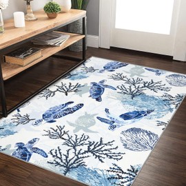 Coastal Rug Nautical Rug for Bedroom Living Room, Soft Low Velvet Carpet, Washable Beach Rug Ocean Rugs Beach Area Rug Modern Blue Sea Turtle, 4x6
