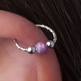 Silver Helix Hoop- 20 Gauge Hoop Earring with Pink Opal- 925 Silver Percing Earring- Cartilage Earring Hoop- Handcrafted Jewelry for Girls