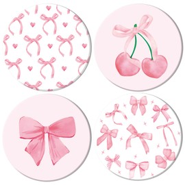 FYSUIMU 4Pcs Pink Bow Coasters Cute Coquette Bowknots Ceramic Drink Coasters Absorbent Bow Cherries Cup Mat for Home Kitchen Office Party Table Decor