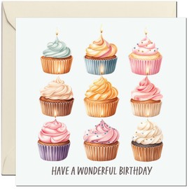 Have a wonderful Birthday - Cute Cupcakes Birthday Card Mens Womens 145 x 145mm