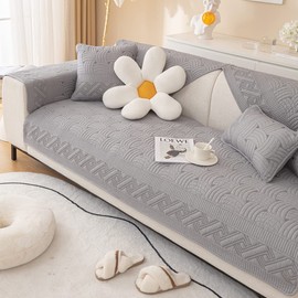 XSlive Farmhouse Cotton Quilted Sofa Cover Weave Pattern Embroidery Sectional Couch Cover Soft Nonslip Sofa Slipcover Furniture Protector Cover for Pets Kids Children Dog Cat (Gray,43"x82")