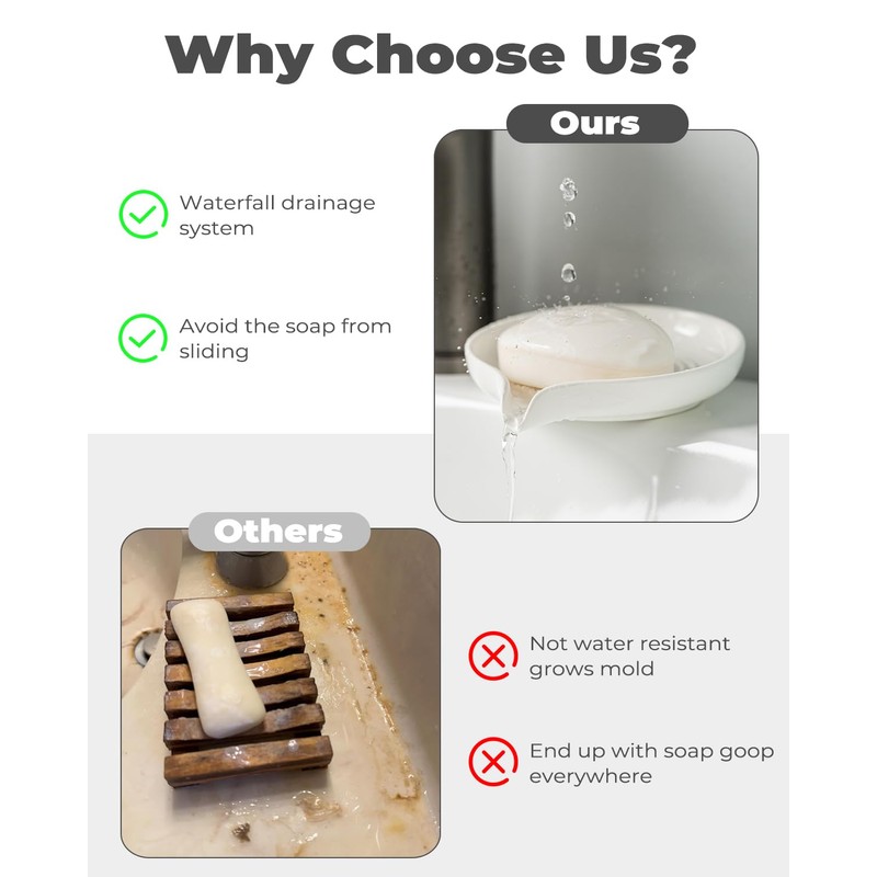 Self Draining Soap Dish, Ceramic Drain Soap Holder Waterfall Design