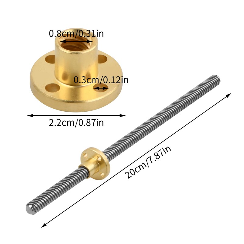 2-Piece 200mm Tr8x8 Thread Spindle Set with Acme Thread for
