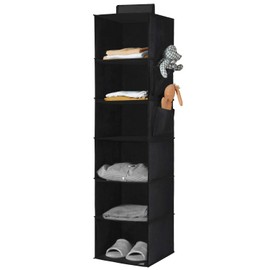 YOUDENOVA Hanging Wardrobe Organiser 6 Shelves Hanging Shelves With Side Pockets Clothes Organiser Bedroom Storage Black