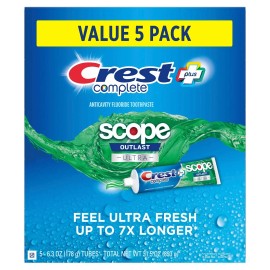 Crest Complete + Scope Outlast Ultra Toothpaste 6.3 oz, 5 Pack Fresh Mint.