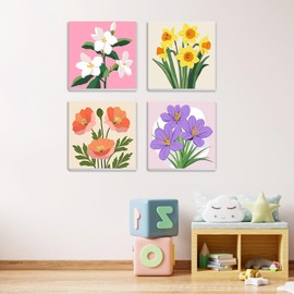 MXJSUA 4 Pack Flowers Paint by Numbers Kit with Framed Canvas for Ages 6-12 Kids, Paint by Numbers Kits for Adult Beginners, Acrylic Oil Painting for Home Wall Decor Gift (8x8 inch)