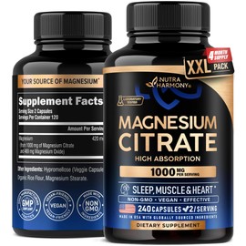 Magnesium Citrate Capsules 1000mg | High Absorption Supplement - Sleep, Muscle & Heart Support - Vegan | Non-GMO - Made in USA - As Powder | Pills | Tablets - 240 Capsules, 4 Month Supply