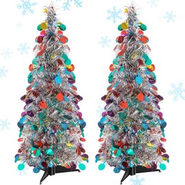 Gemscream 2 Pcs Pop up Christmas Tinsel Trees Colorful Sequin Collapsible Christmas Tree Easy-Assembly Artificial Christmas Pencil Trees with Stand for Home Apartment Holiday Party Xmas Decorations