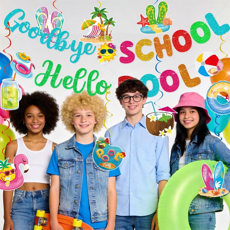 Goodbye School Hello Pool Banner Hanging Swirls for Summer Pool