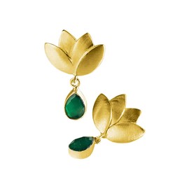 Gold Plated Brass Earrings Lotus Flower 18K Gold Plated with Natural Stone Onyx Green for Women Designer Earrings in Gold and Green Tones Earrings for Women Gold Green Onyx, Gold, Green onyx