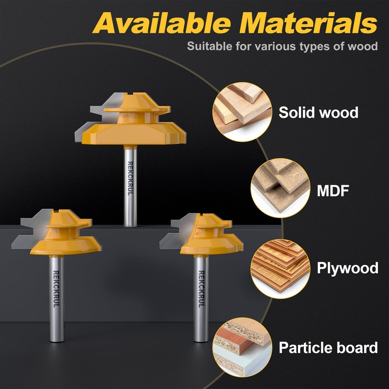 REKCKRUL Professional 3 PCS 45 Degree Lock Miter Router Bit