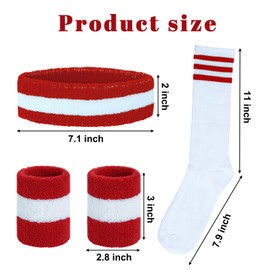 Haakong Striped Sweatbands Set Sports Headband and Wristbands Sweatbands Striped Sweatband Set for Men and Women (Red and White, M)