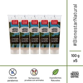 Crema Dental Natural LIBRE DE FLUOR Artesanal de Corteza de Neem-Sin Fluor, Gluten, Sulfatos (SLS), Parabenos, Petrolatos, Triclosan, Azucar| bienestar NEEM ERFRE (Menta, Paq. 5)