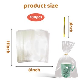 MATEPLUS 100 Pack 8x11 inch 2.8Mil Thick Resealable Cellophane Bags with Gold Twist Ties, Bakery & Gift Basket Packaging for Large Cookies, Muffins