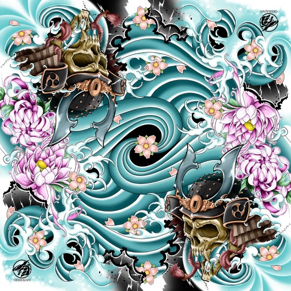 2 Player Blue Samurai Skull Roses Cloth Playmat Stitched