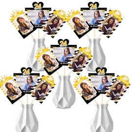 MEFENG 15Pcs 24th Birthday Party Centerpiece Sticks - Photo Table Toppers - Happy 24th Birthday - Black & Gold