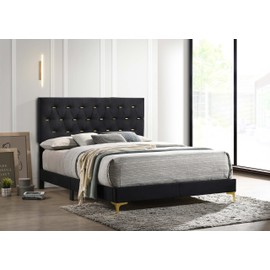 Coaster Home Furnishings Kendall 49-Inch Upholstered Bed Queen Size Modern Panel Bed Frame Velvet Upholstery Button Tufted with Gold Accents Black 224451Q