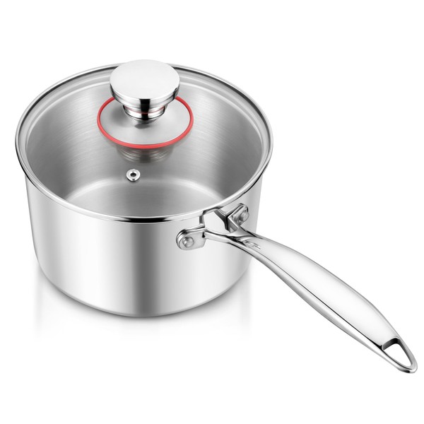 E-far 2-Quart Saucepan, Tri-Ply Stainless Steel Sauce Pan with Glass