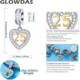 GLOWDAS 10 to 25 28 30 33 35 40 45 50 55 60 65 70 Birthday Charms, fit European Anniversary Bracelet/Necklace, Golden Number 925 Sterling Silver Heart Pendant with CZ, for Women/Men
