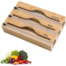 3 in 1 Plastic Wrap Dispenser with Cutter and Labels, Foil and Plastic Wrap Organizer, Aluminum Foil Organization and Storage, Foil Organizer for Drawer, Bamboo Aluminum foil Holder for 12.5"Roll Wrap