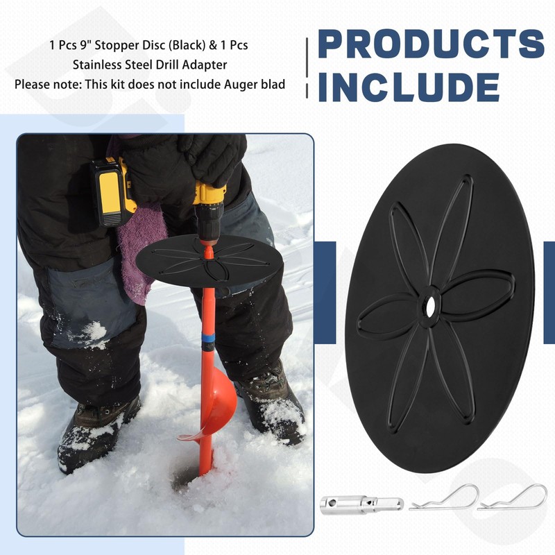 Ice Auger Drill Adapter with 9" Stopper Disc (Black) &