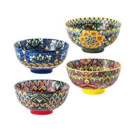 Henten Home Ceramic Soup Bowls Set of 4, Bohemia 23 oz Cereal Bowls Set, Porcelain Serving Bowls for Dinner, Salad, Pasta, Fruit, Decorative, Microwave & Dishwasher Safe