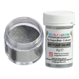 Sugarflair Antique Silver Edible Lustre Dust, Add a Lustrous Shine to Cakes or Decorations. Brush On or Add Rejuvenator to Create Eye-Catching Edible Paint, Gives Shine to Your Bakes - 4g