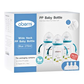 Oberni Weighted Baby Bottles with Size 4 Fast Flow Breast-Like Teat for 12 Months Plus / 1 Year Old Newborn Babies, 270ml/9oz, Non-Slip Handles, Anti-Colic, Blue/3Pack