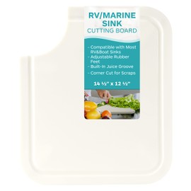 TonGass 14 1/2"x12 1/2"x1/2" RV Sink Cutting Board Compatible with Most RV Boat Kitch Sinks Plastic Chopping Board with Adjustable Rubber Feet Built-In Juice Groove and Corner Cut for Scraps - White