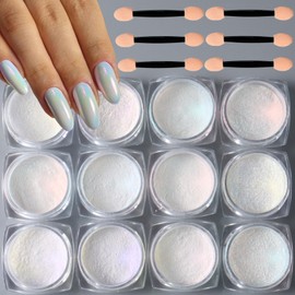 12 Box White Pearl Chrome Nail Powder Aurora Mermaid Iridescent Powder Holographic Mirror Effect Chrome Nail Glitter for Women Girls Nail Art Supplies Manicure Decorations…