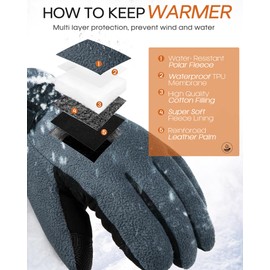 FURTALK Mens Ski Gloves Waterproof Winter Gloves Cycling Snowboard Cold Weather Grey, Medium
