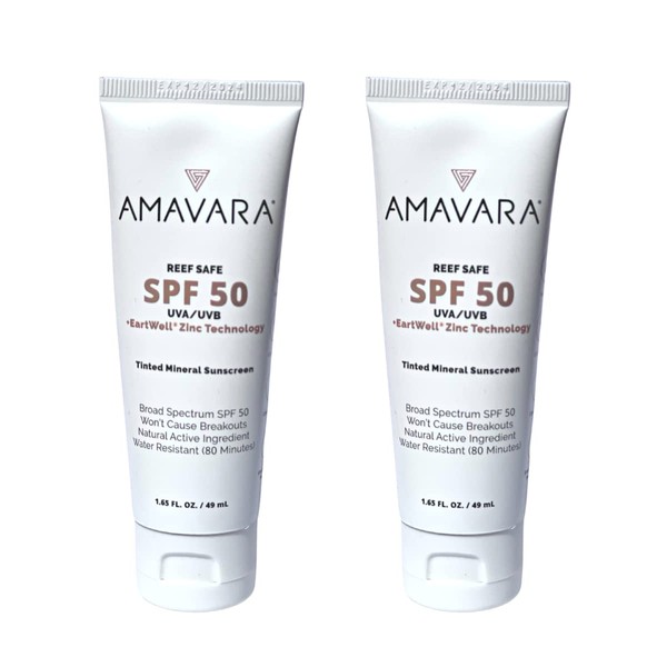 Amavara Tinted Mineral Sunscreen SPF 50, Physical Zinc Based Sunblock, Vegan Waterproof Sun-Shield, Broad Spectrum Reef Safe Suntan Lotion for Sensitive Skin Face & Body, 1.65 Ounces (2-Pack)