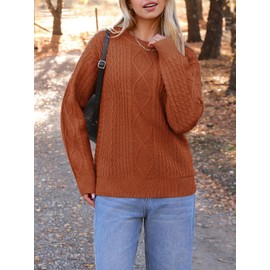 Zeagoo Knitted Sweaters for Women 2024 Vintage Cable Knit Fisherman Crew Neck Sweaters Long Sleeve Casual Fall Outfits Caramel