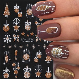 6Sheets Christmas Nail Stickers 3D Gold Glitter Decals Snowflakes Elk Star Bells Design Decorations Winter Snowflake Stickers for Women Xmas Art Supplies Kit