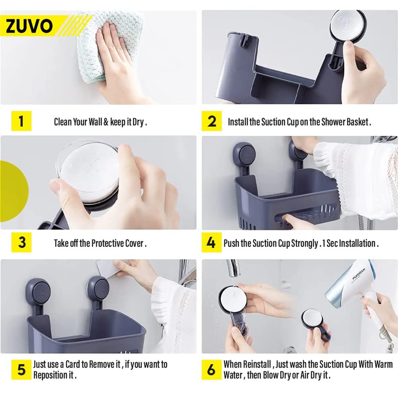 Zuvo Shower Shelf No Drilling with Suction Cups, Glue-Free Bathroom